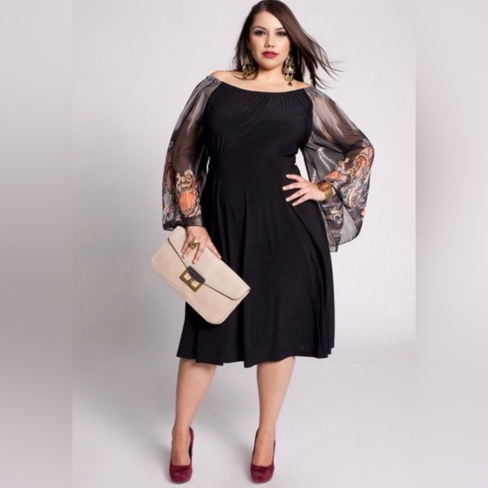 Igigi Black Dress with Sheer Patterned Sleeves Size 14/16